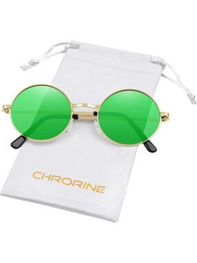 Chrorine Women's Gold Frame Green Lens Hippie Round 70s Retro Sun Glasses